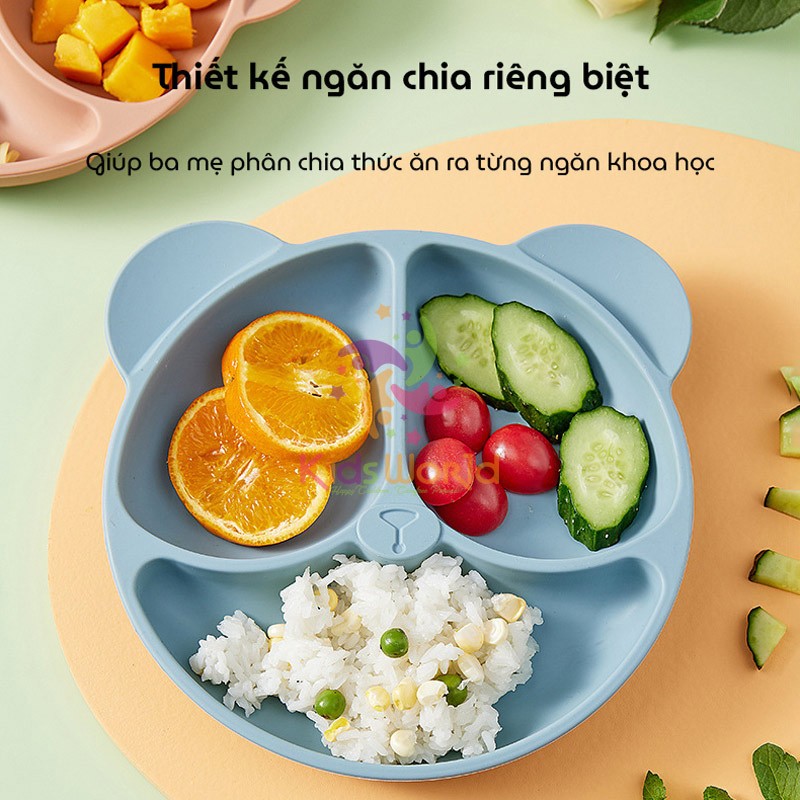 Ảnh Khay cho bé ăn dặm silicon hình gấu KidAndMom 3 ngăn có đế hút chân không chống trơn trượt 4