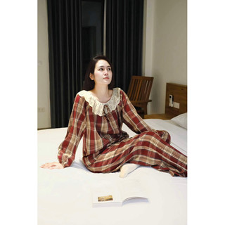 𝗛𝗮̀𝗻𝗴 𝗰𝗵𝗶́𝗻𝗵 𝗵𝗮̃𝗻𝗴 Bộ đồ ngủ mặc nhà pyjama Lana cổ ren kẻ lót nhung  form rộng - O.N WORKSHOP