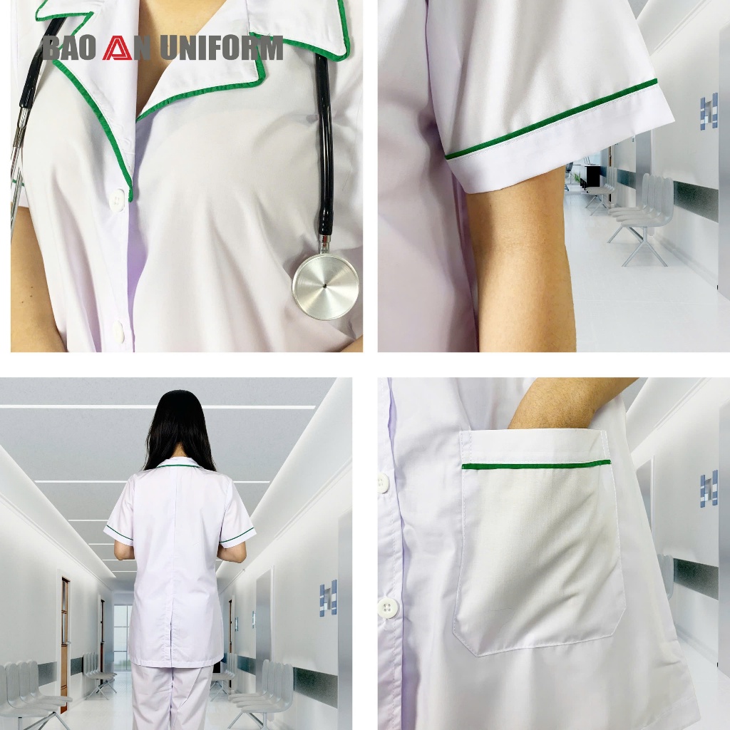 Áo Dược Sĩ Nữ Tay Ngắn Màu Trắng Viền Xanh Két Cho Dược Sĩ, Y Tá, Nhà Thuốc, Điều Dưỡng