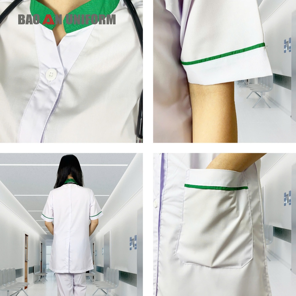Áo Dược Sĩ Nữ Tay Ngắn Màu Trắng Viền Xanh Két Cho Dược Sĩ, Y Tá, Nhà Thuốc, Điều Dưỡng