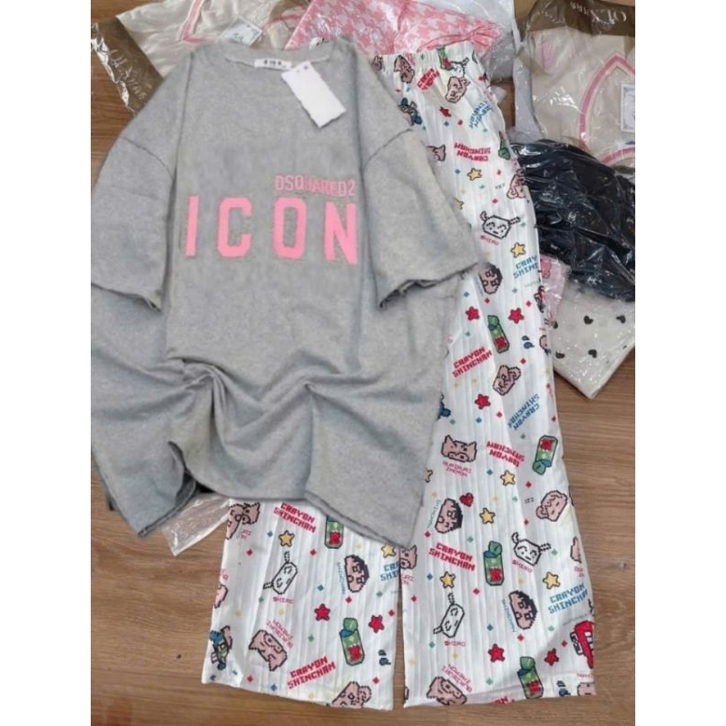 [ Rẻ Vô Địch ] Tổng Hợp Các Sét Bộ Quần Suông + Mix Áo Phông Form Rộng Tay Lỡ Chữ ICON Xám