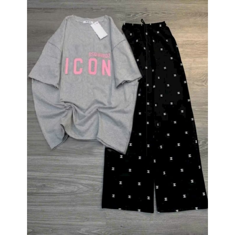 [ Rẻ Vô Địch ] Tổng Hợp Các Sét Bộ Quần Suông + Mix Áo Phông Form Rộng Tay Lỡ Chữ ICON Xám