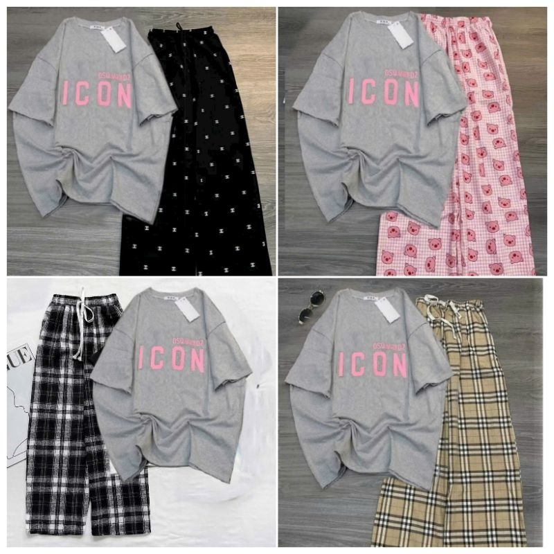 [ Rẻ Vô Địch ] Tổng Hợp Các Sét Bộ Quần Suông + Mix Áo Phông Form Rộng Tay Lỡ Chữ ICON Xám