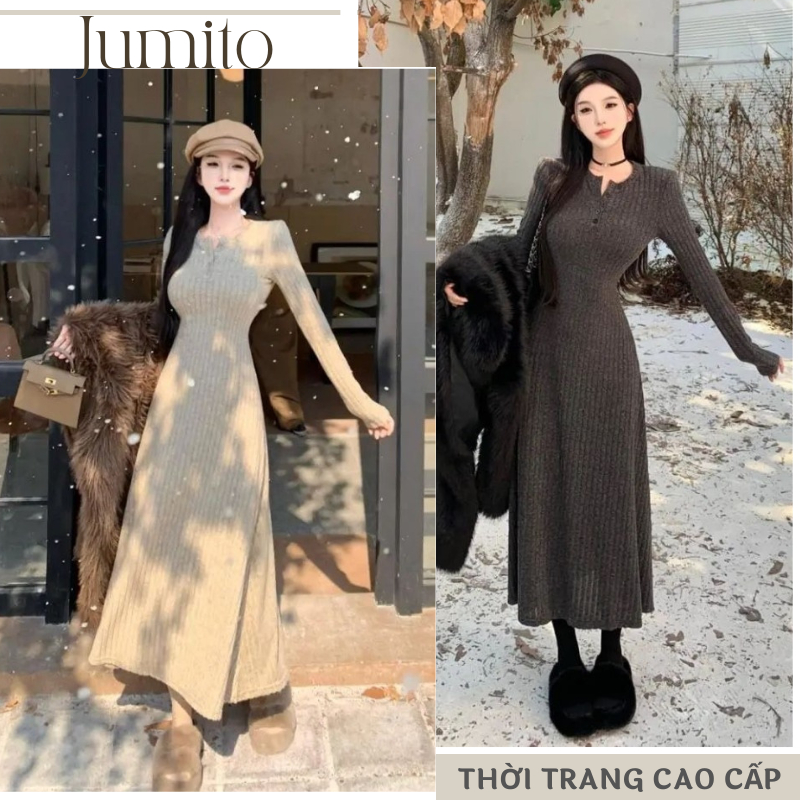 Váy nữ maxi chất tăm đũa lông xù cao cấp Jumito, đầm nữ dáng dài phong cách Hàn Quốc tiểu thư sang chảnh hcom2756