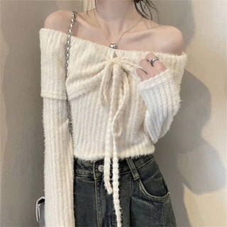 Áo len trễ vai rút ngực len lông xinh xắn hàng quảng châu dài tay thu đông 711