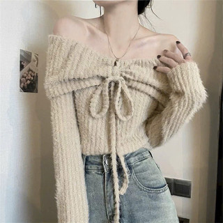 Áo len trễ vai rút ngực len lông xinh xắn hàng quảng châu dài tay thu đông 711
