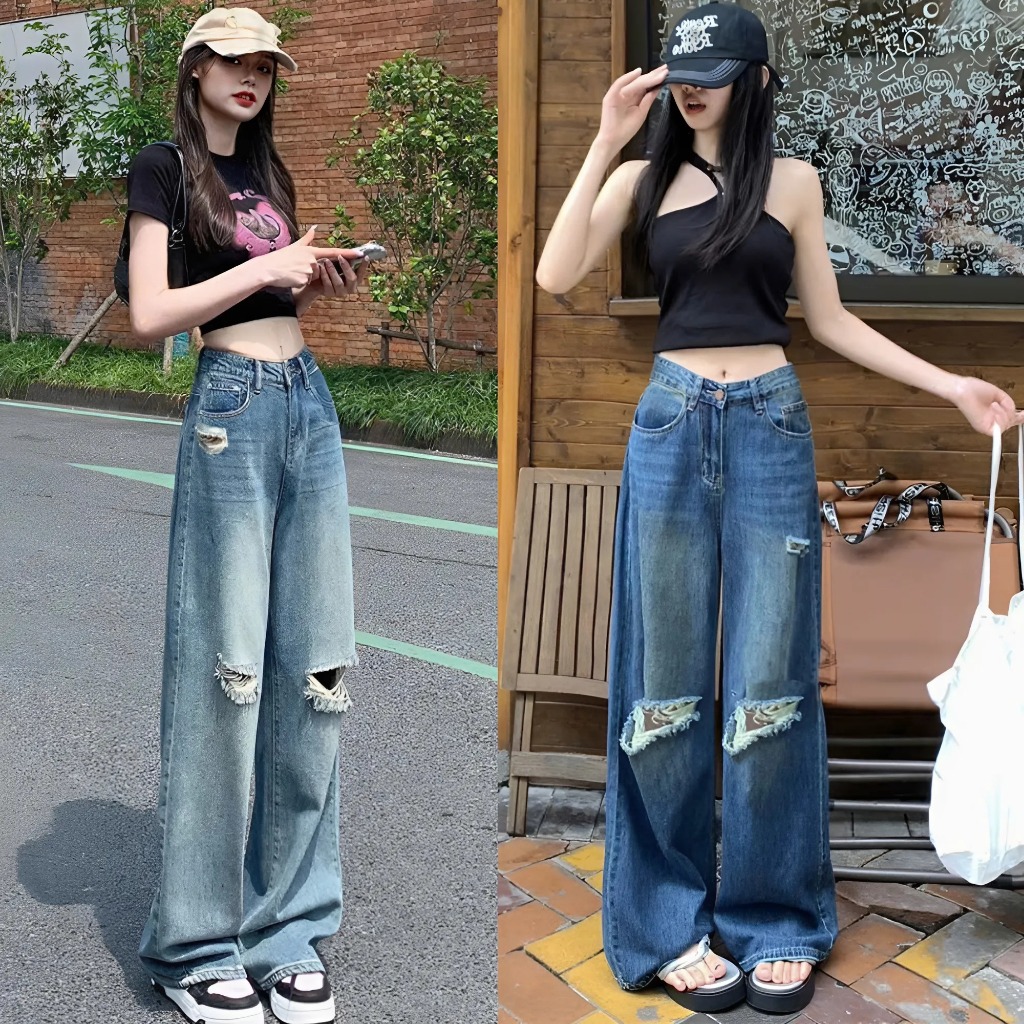 Quần Jean Nữ Ống Rộng Rách 2 Gối MIAA Dáng Suông,Quần Jean Hiphop Rách ...