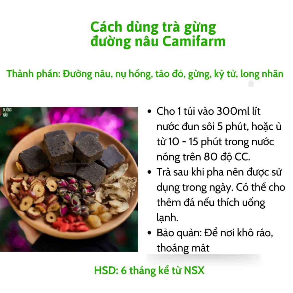 Ảnh Trà gừng đường nâu thảo mộc Camifarm (1/2 viên đường nâu, nụ hồng, táo đỏ, gừng, kỳ tử, long nhãn) hỗ trợ giảm bụng kinh 2