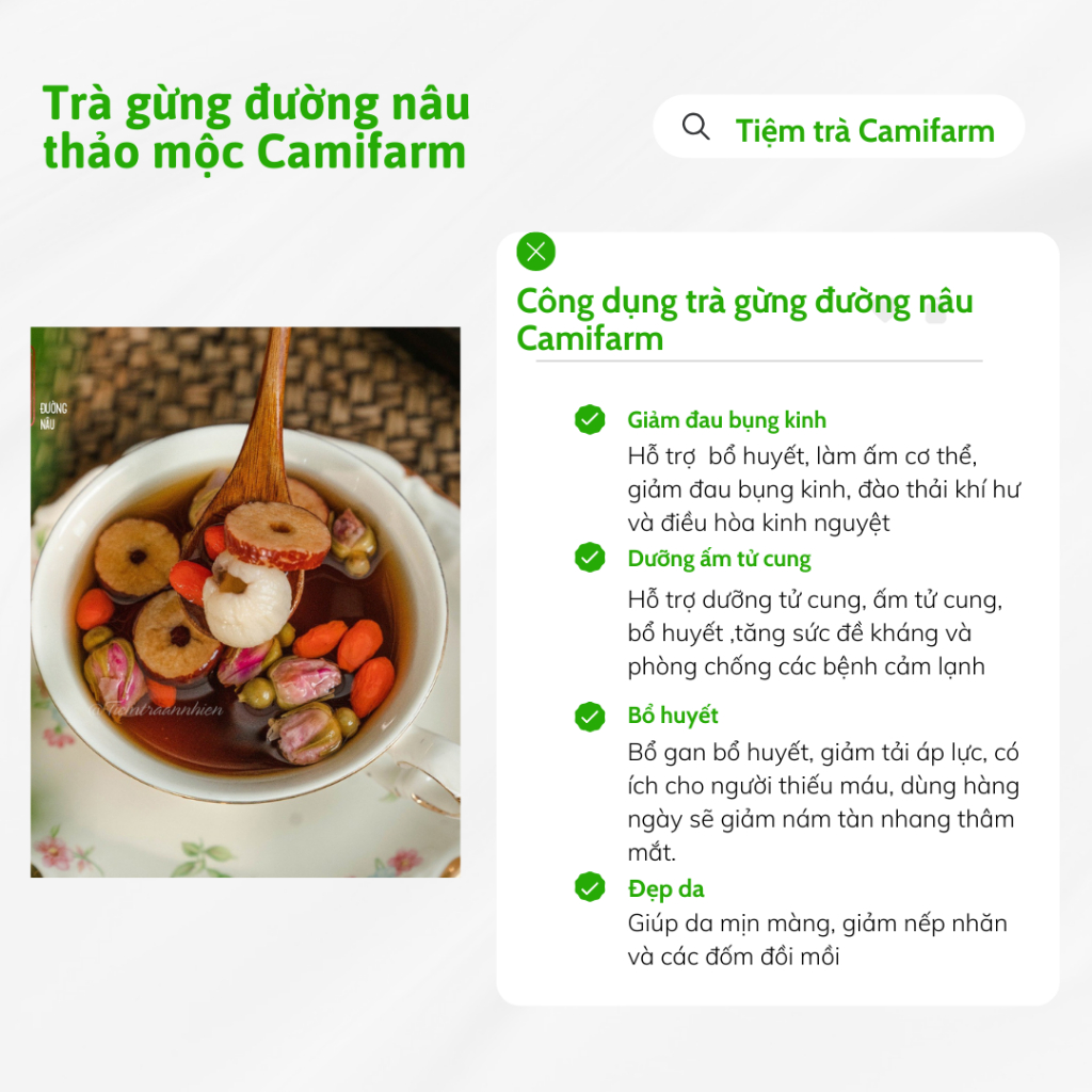 Ảnh Trà gừng đường nâu thảo mộc Camifarm (1/2 viên đường nâu, nụ hồng, táo đỏ, gừng, kỳ tử, long nhãn) hỗ trợ giảm bụng kinh 1