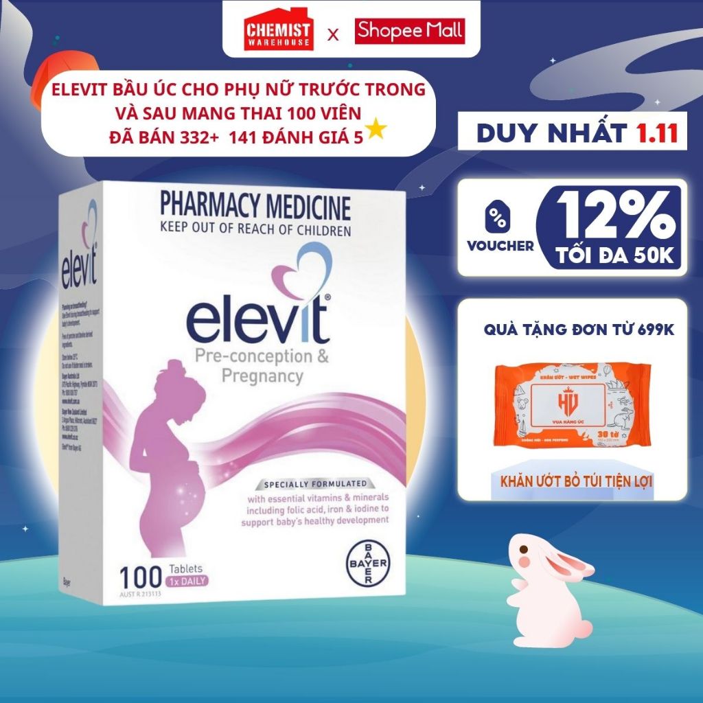 Elevit bầu Úc 100 viên bổ sung vitamin tổng hợp, sắt, acid folic, chăm ...
