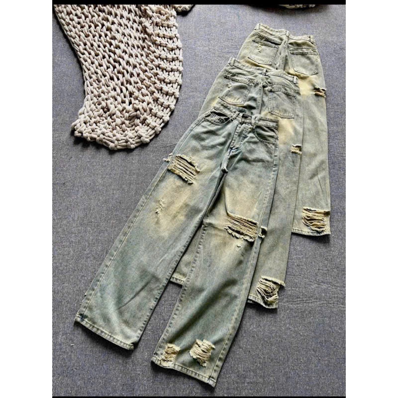 Quần jeans ống rộng hack dáng thiết kế rách thời trang