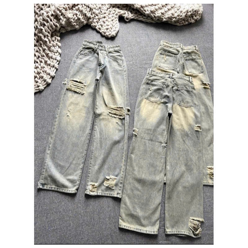 Quần jeans ống rộng hack dáng thiết kế rách thời trang