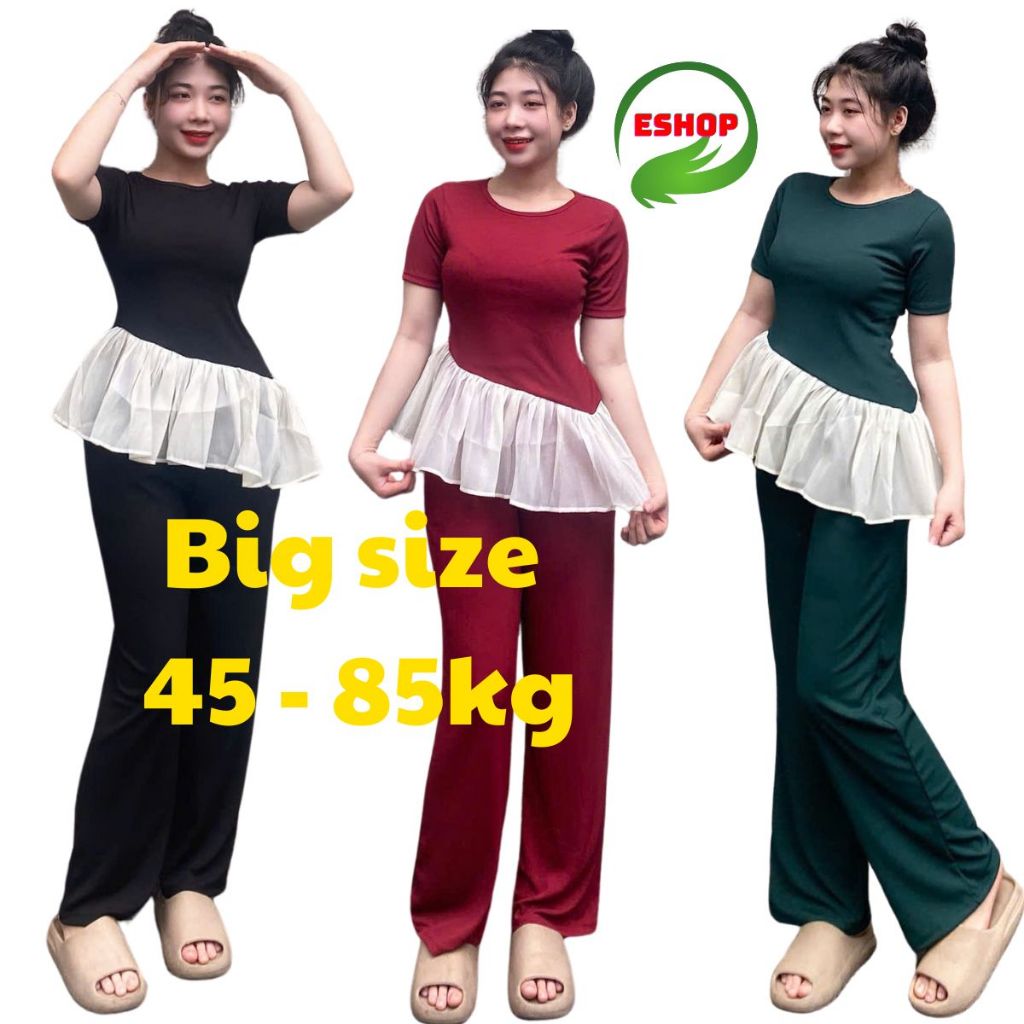 Đồ bộ nữ quần ống rộng suông bigsize ESHOP Đồ mặc nhà set bộ kiểu thiết kế đẹp dễ thương ôm body áo phối voan MS5010
