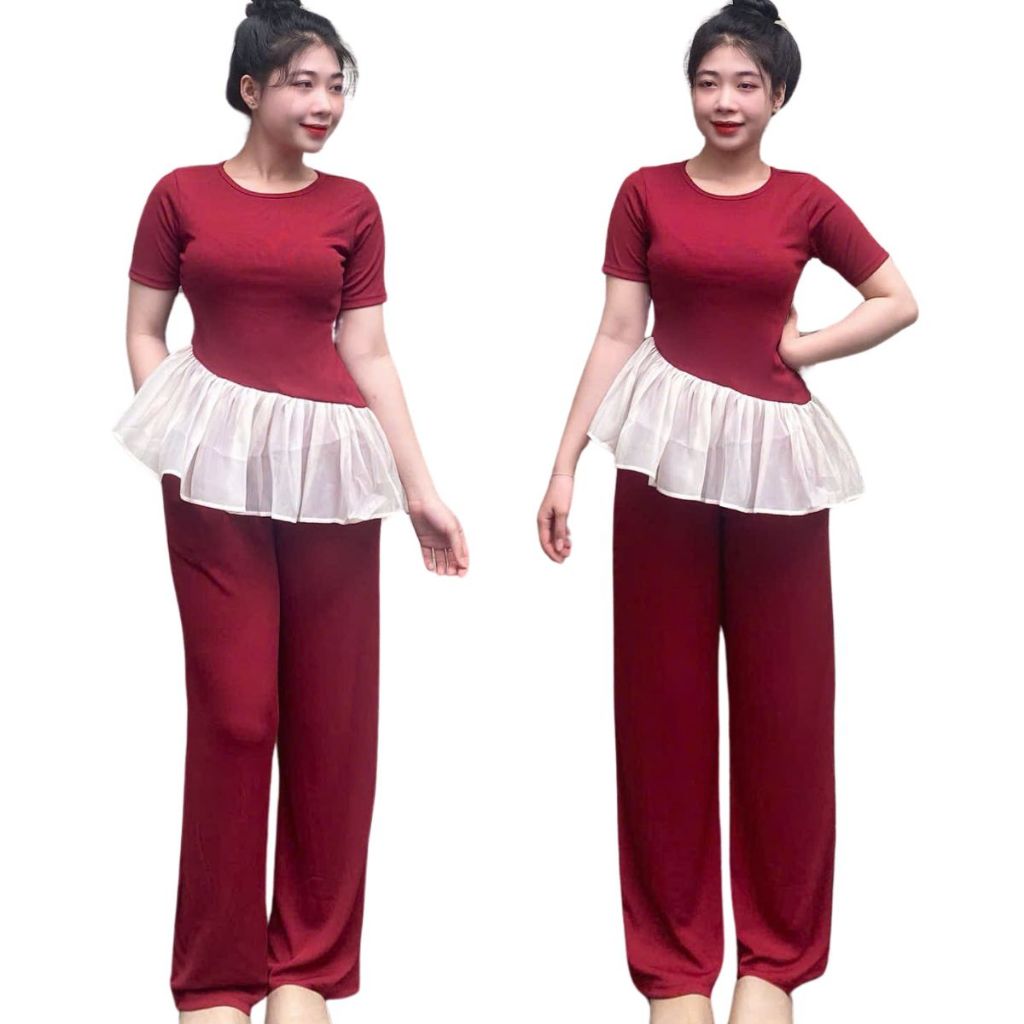 Đồ bộ nữ quần ống rộng suông bigsize ESHOP Đồ mặc nhà set bộ kiểu thiết kế đẹp dễ thương ôm body áo phối voan MS5010