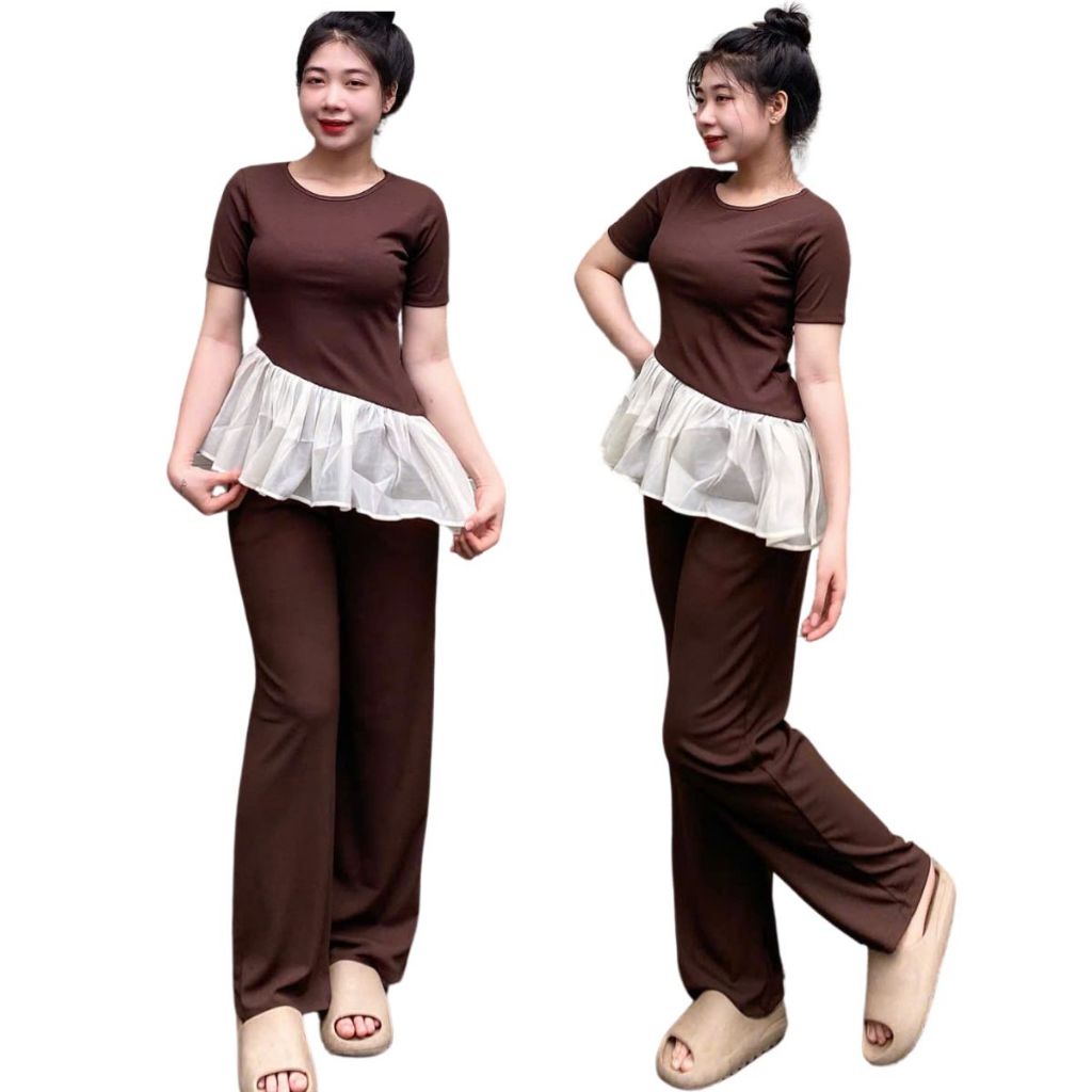 Đồ bộ nữ quần ống rộng suông bigsize ESHOP Đồ mặc nhà set bộ kiểu thiết kế đẹp dễ thương ôm body áo phối voan MS5010