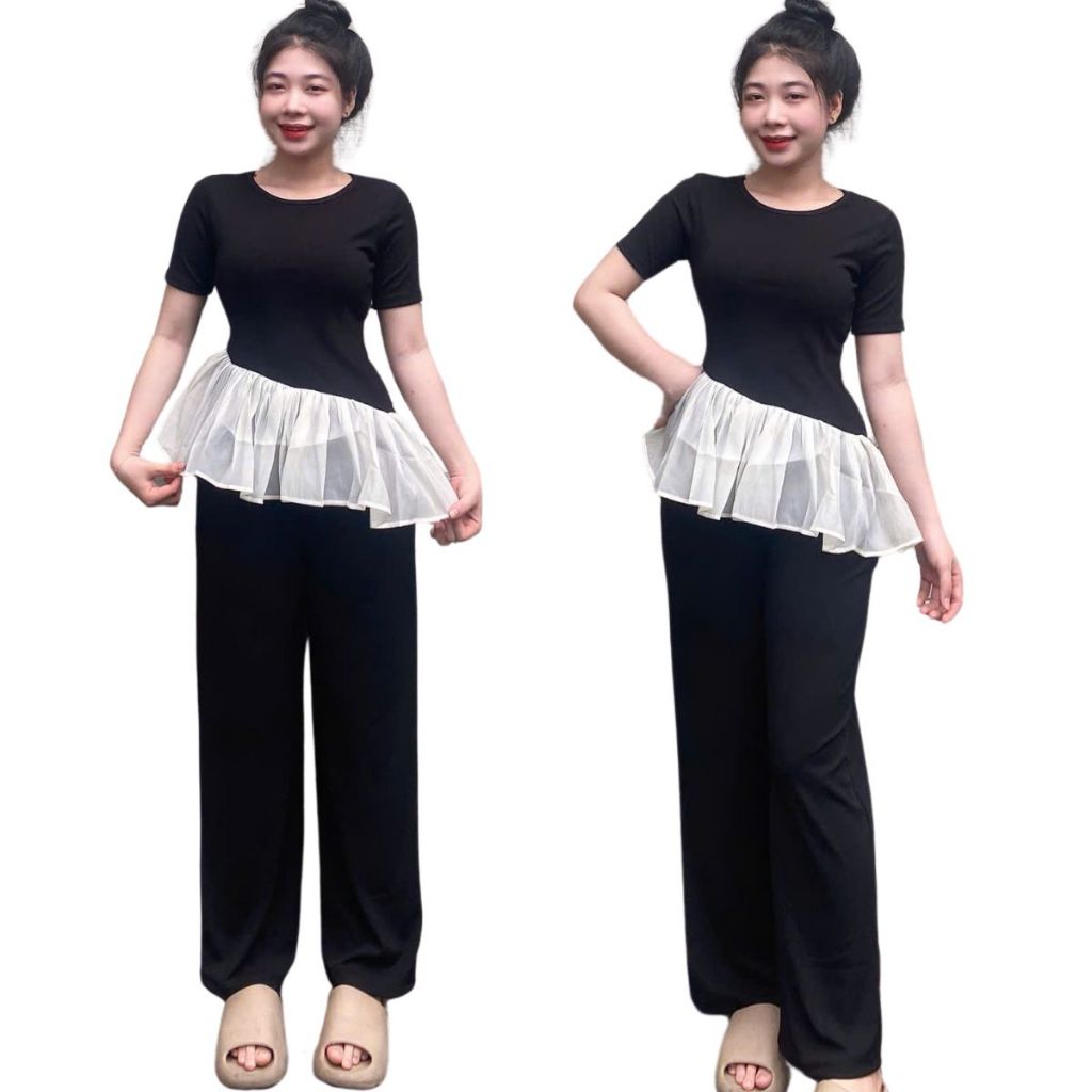 Đồ bộ nữ quần ống rộng suông bigsize ESHOP Đồ mặc nhà set bộ kiểu thiết kế đẹp dễ thương ôm body áo phối voan MS5010