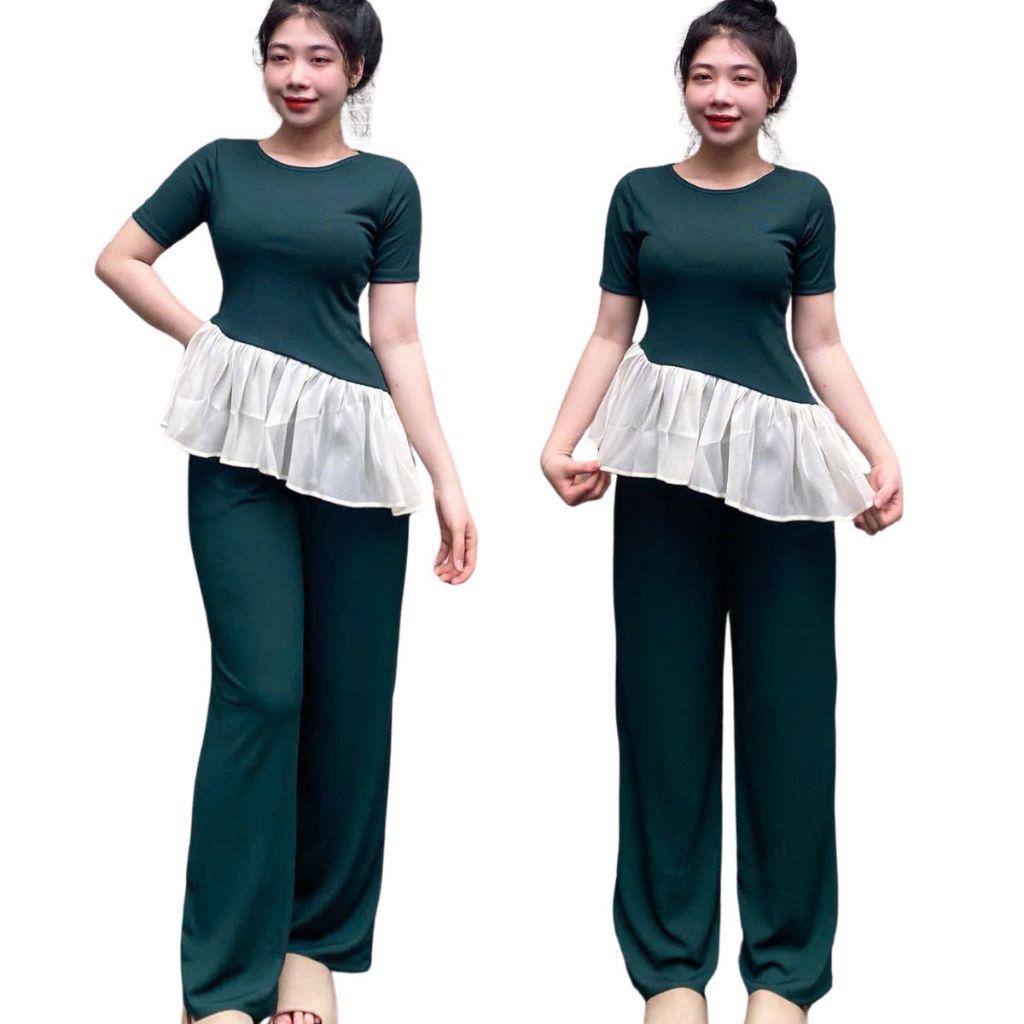 Đồ bộ nữ quần ống rộng suông bigsize ESHOP Đồ mặc nhà set bộ kiểu thiết kế đẹp dễ thương ôm body áo phối voan MS5010
