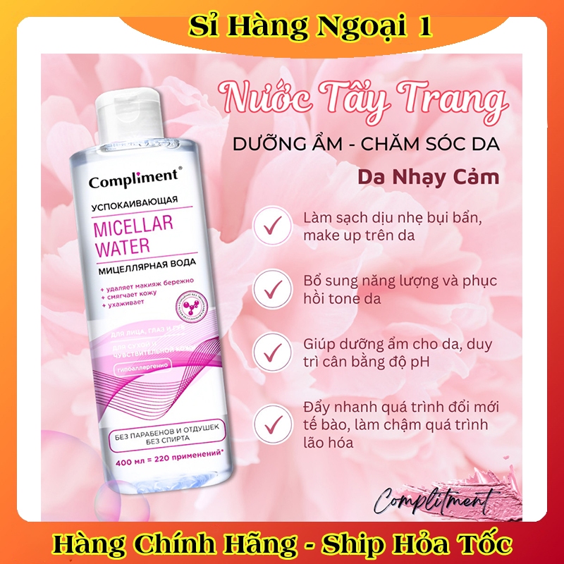 Nước tẩy trang Compliment 400ml dịu nhẹ, sạch sâu giúp làm sạch lớp trang điểm, bụi bẩn, không làm khô da của Nga