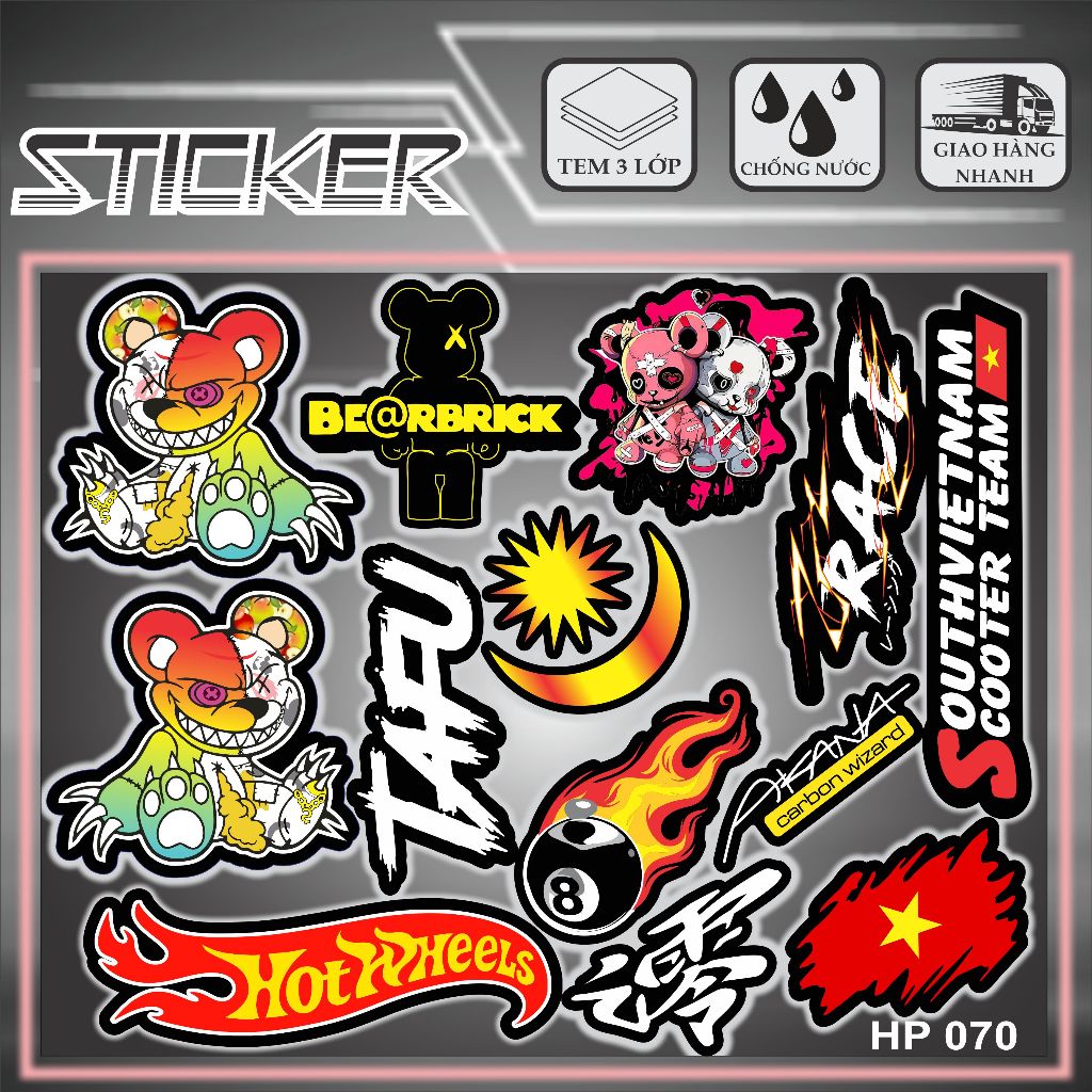 sticker chữ tafu, race,gấu quỷ, dán lên đa vị trí, che vết trầy xước ...