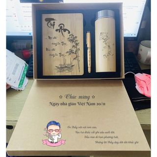 Combo quà tặng Sổ gỗ - bình vỏ tre - bút gỗ