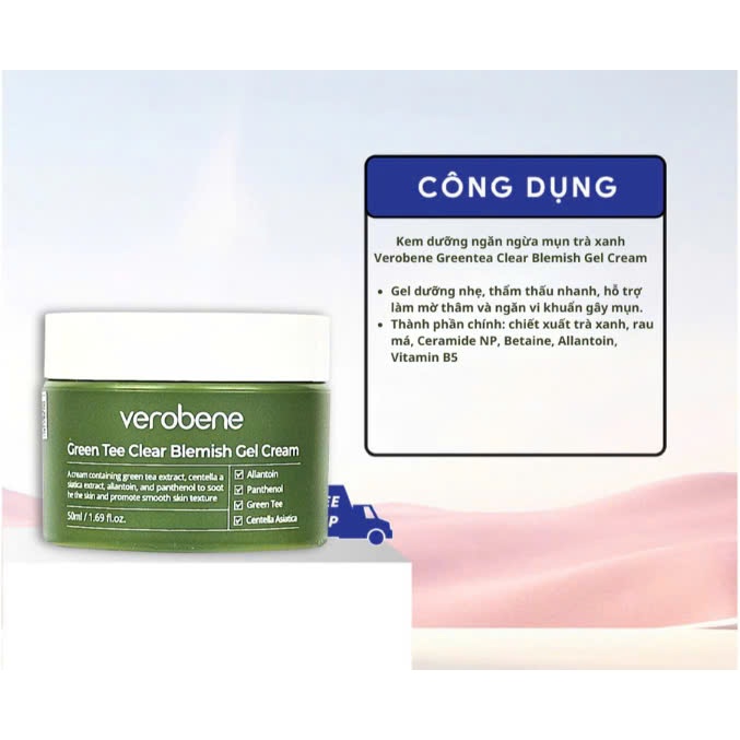 Kem dưỡng trắng da trà xanh Verobene - Dưỡng da trắng sáng, mịn màng, giảm thâm mụn 50ml Mẫu mới