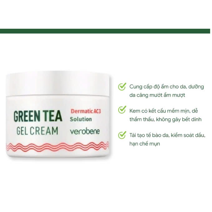 Kem dưỡng trắng da trà xanh Verobene - Dưỡng da trắng sáng, mịn màng, giảm thâm mụn 50ml Mẫu mới