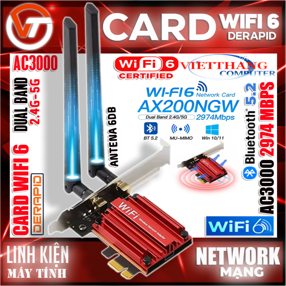 Card mạng Wifi 6 AC3000 Derapid Intel Ax200 2 Băng Tần 2.4G/5GHz 802 ...