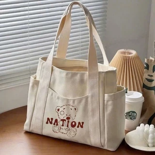Túi tote vải canvas có ngăn phụ túi đeo vai đi học đi chơi thời trang Hàn Quốc đựng vừa khổ A4 laptop city life