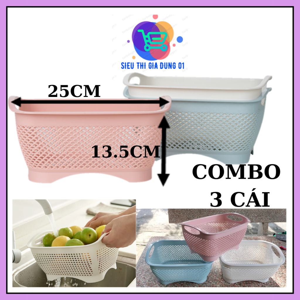 Combo 3 Cái Rổ vuông chân cao Việt Nhật 3301,Giỏ đựng trái cây rau củ ...