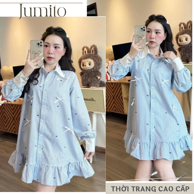 Váy suông nữ sọc xanh nhạt phong cách trẻ trung Jumito, đầm nữ bèo viền gấu, phù hợp đi dạo phố, dự tiệc hcom3230