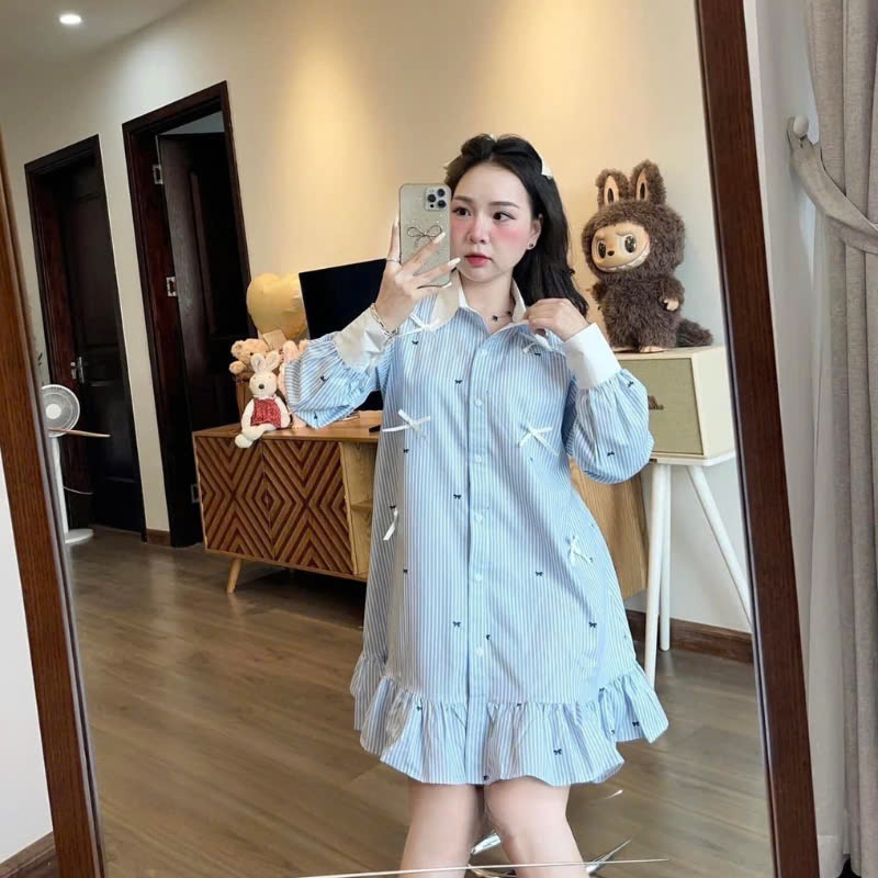 Váy suông nữ sọc xanh nhạt phong cách trẻ trung Jumito, đầm nữ bèo viền gấu, phù hợp đi dạo phố, dự tiệc hcom3230