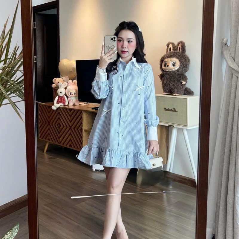 Váy suông nữ sọc xanh nhạt phong cách trẻ trung Jumito, đầm nữ bèo viền gấu, phù hợp đi dạo phố, dự tiệc hcom3230