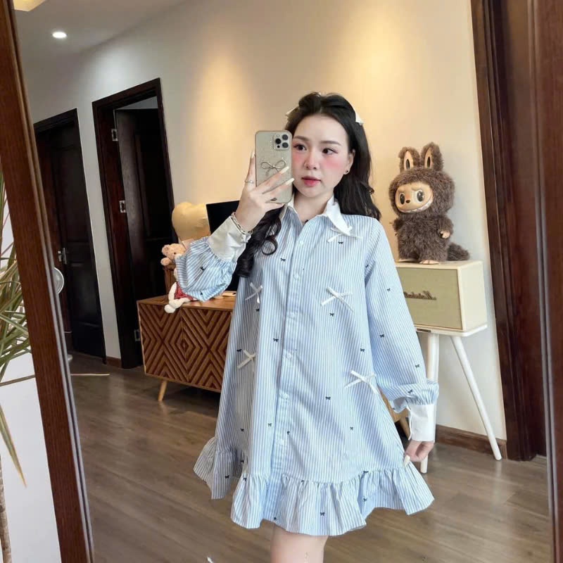 Váy suông nữ sọc xanh nhạt phong cách trẻ trung Jumito, đầm nữ bèo viền gấu, phù hợp đi dạo phố, dự tiệc hcom3230