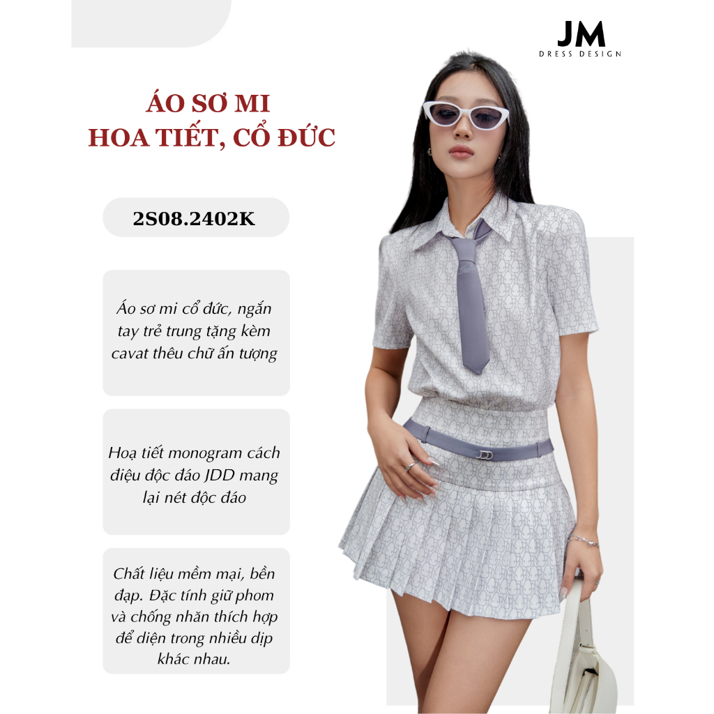 Ảnh Sét áo sơ mi cổ đức hoạ tiết monogram 2S08.2402K ngắn tay kèm cavat thêu chữ mix cùng chân váy xếp ly 4S09.2401K 1