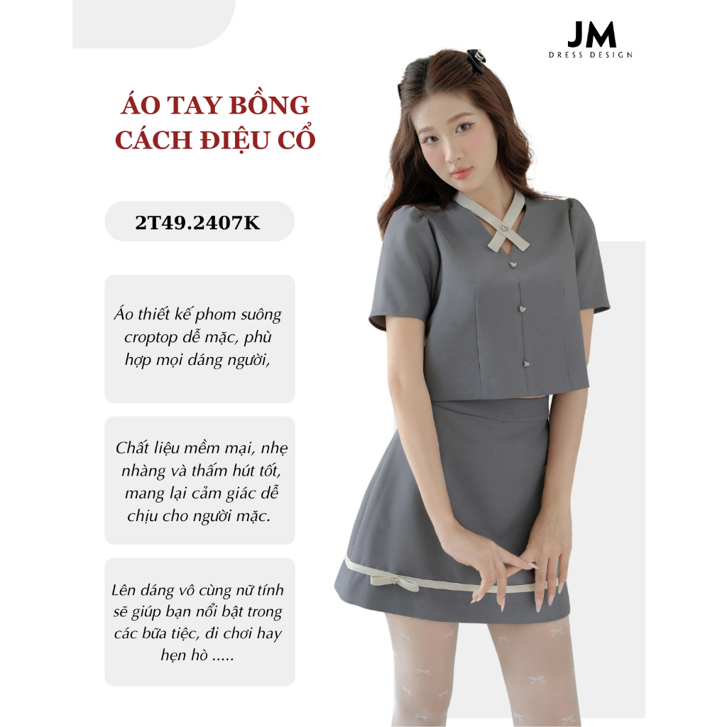 Ảnh Set đồ áo tay bồng cách điệu cổ 2T49.2407K, chân váy A đè dây gấu 4S26.2407K thiết kế bởi JM Dress Design 2