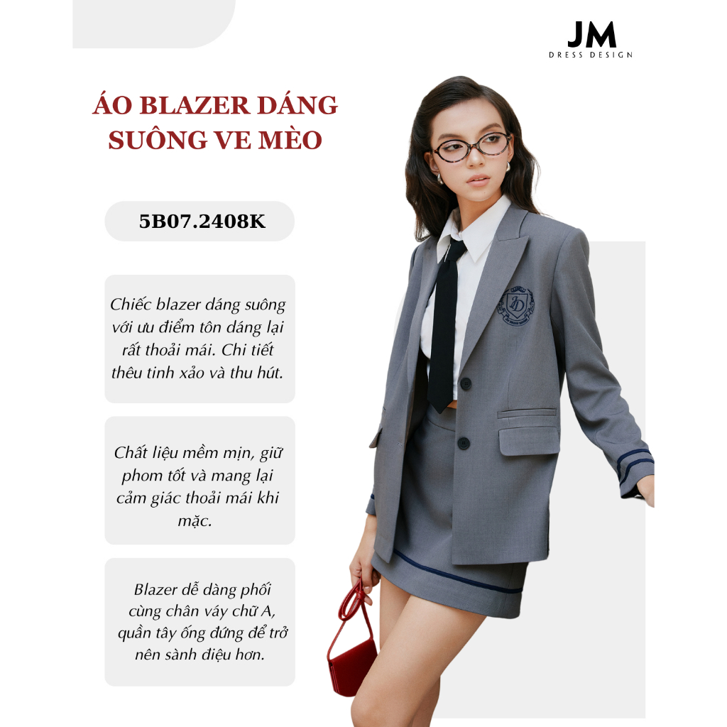 Sét áo blazer dáng suông ve mèo 5B07.2408K, Chân váy đè dây gấu A 4S27.2408K thiết kế bởi JM Dress Design