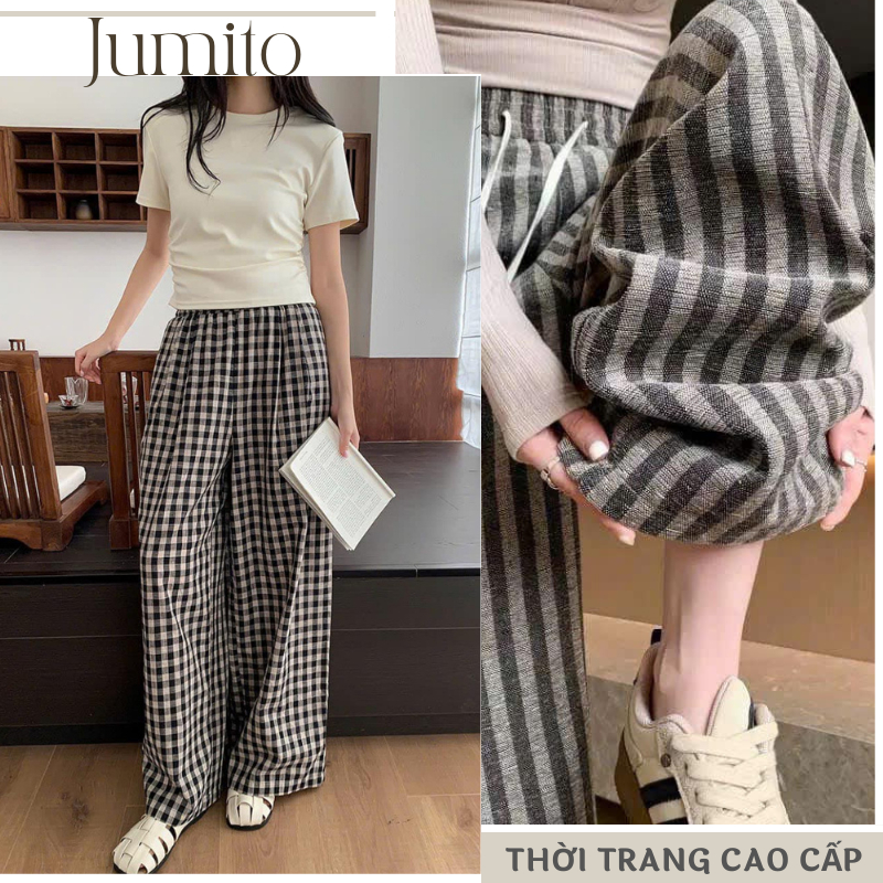 Quần dài nữ ống rộng kẻ sọc caro phong cách Hàn Quốc, quần ống rộng chất liệu mềm mại thoải mái Jumito D1911