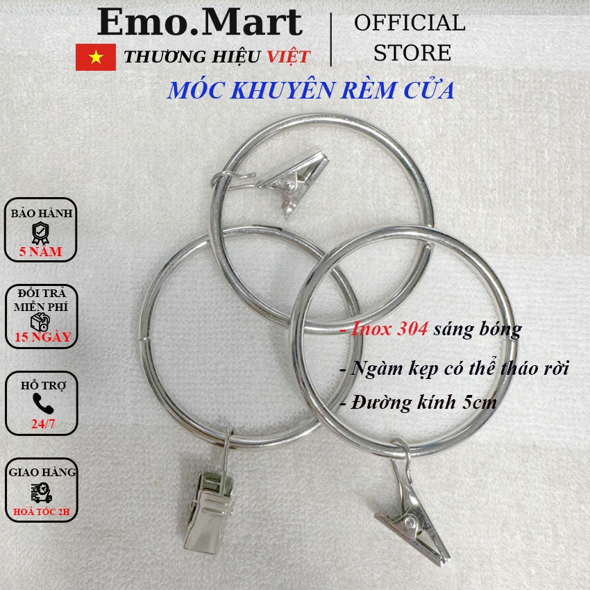 Khoen treo rèm cửa EMOMART E1, Inox 304 sáng bóng, có ngàm kẹp có thể ...