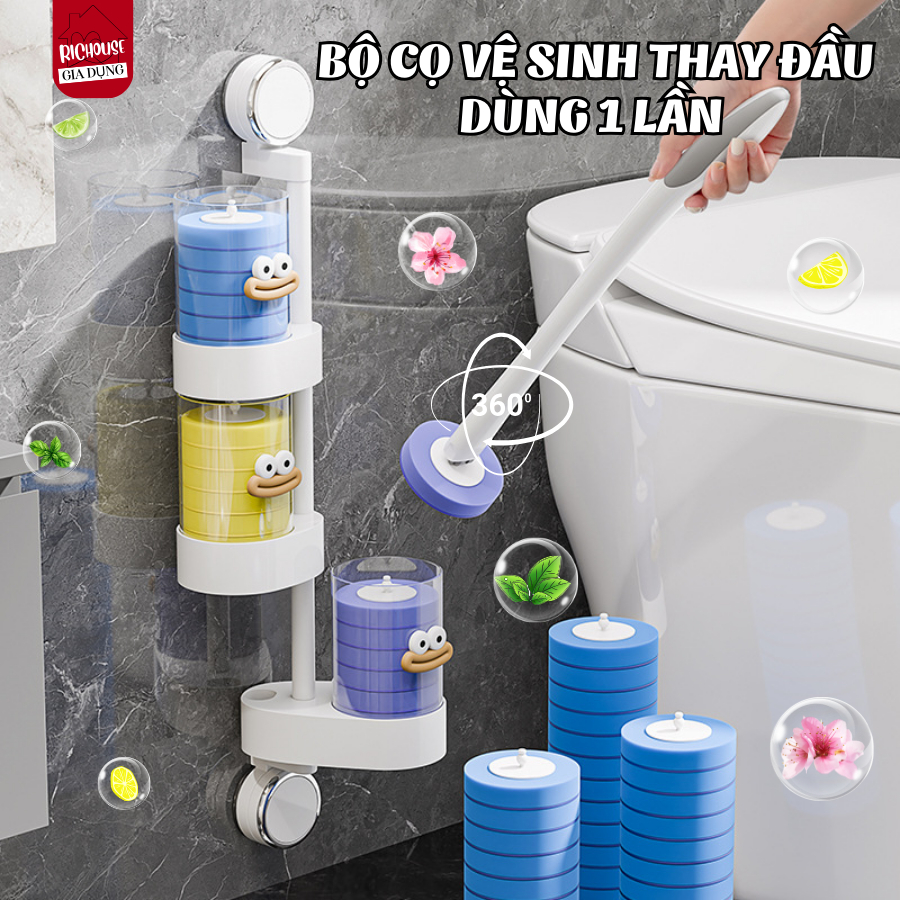 Cọ Vệ Sinh Nhà Tắm Dùng Một Lần Gắn Tường, Cọ Toilet Xoay 360 độ thế hệ mới có đầu thay thế