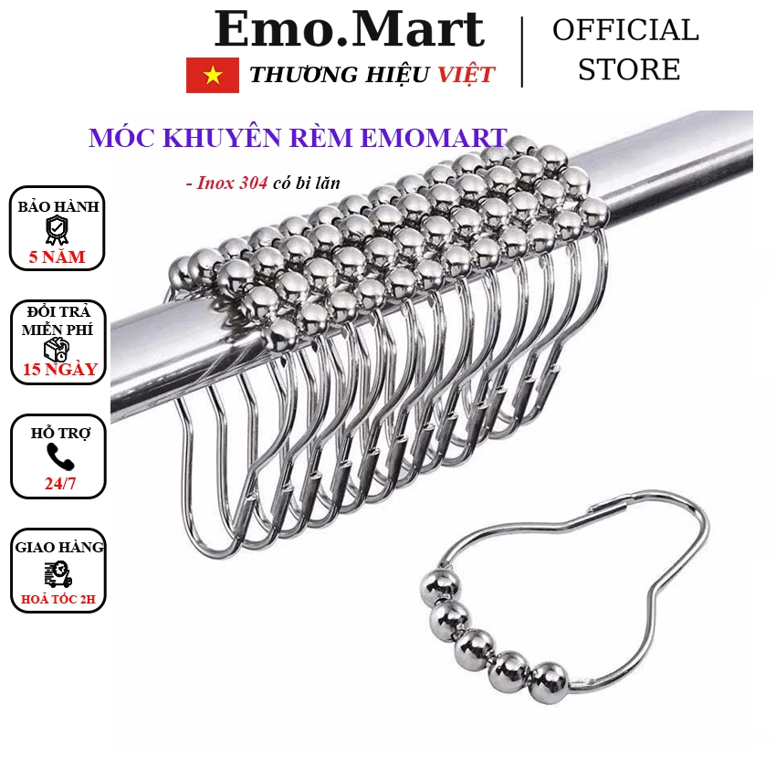 Khoen treo rèm cửa EmoMart E2, Inox 304 chống rỉ, Có bi lăn, Ngằm kẹp ...