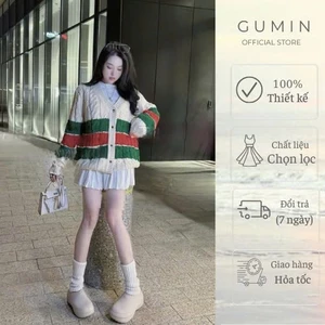 Áo len cadigan GUMIN thiết kế kẻ sọc ngang phối màu xanh đỏ, áo dáng thụng cổ V sang trọng thanh lịch