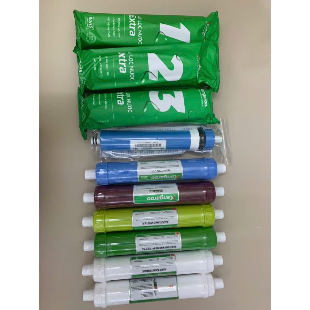 Combo 10 Lõi Lọc Nước Kangaroo Model KG10A3 Gồm 123 RO50GPD Nano Ceramic Alkaline Maifan ORP 5in1+ Chính Hãng