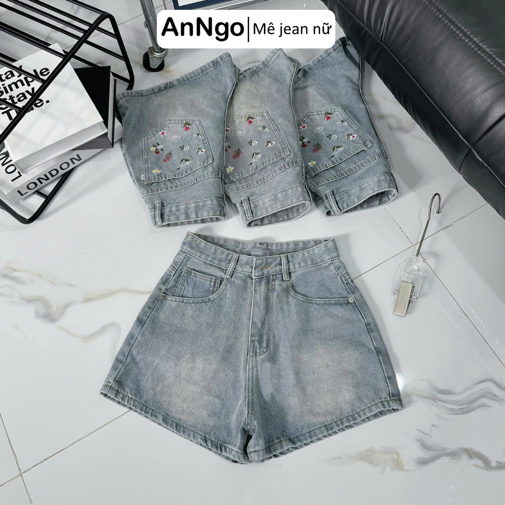 Quần short jean nữ lưng cao chất denim không co giãn thêu hoa túi sau Anngo - AT494