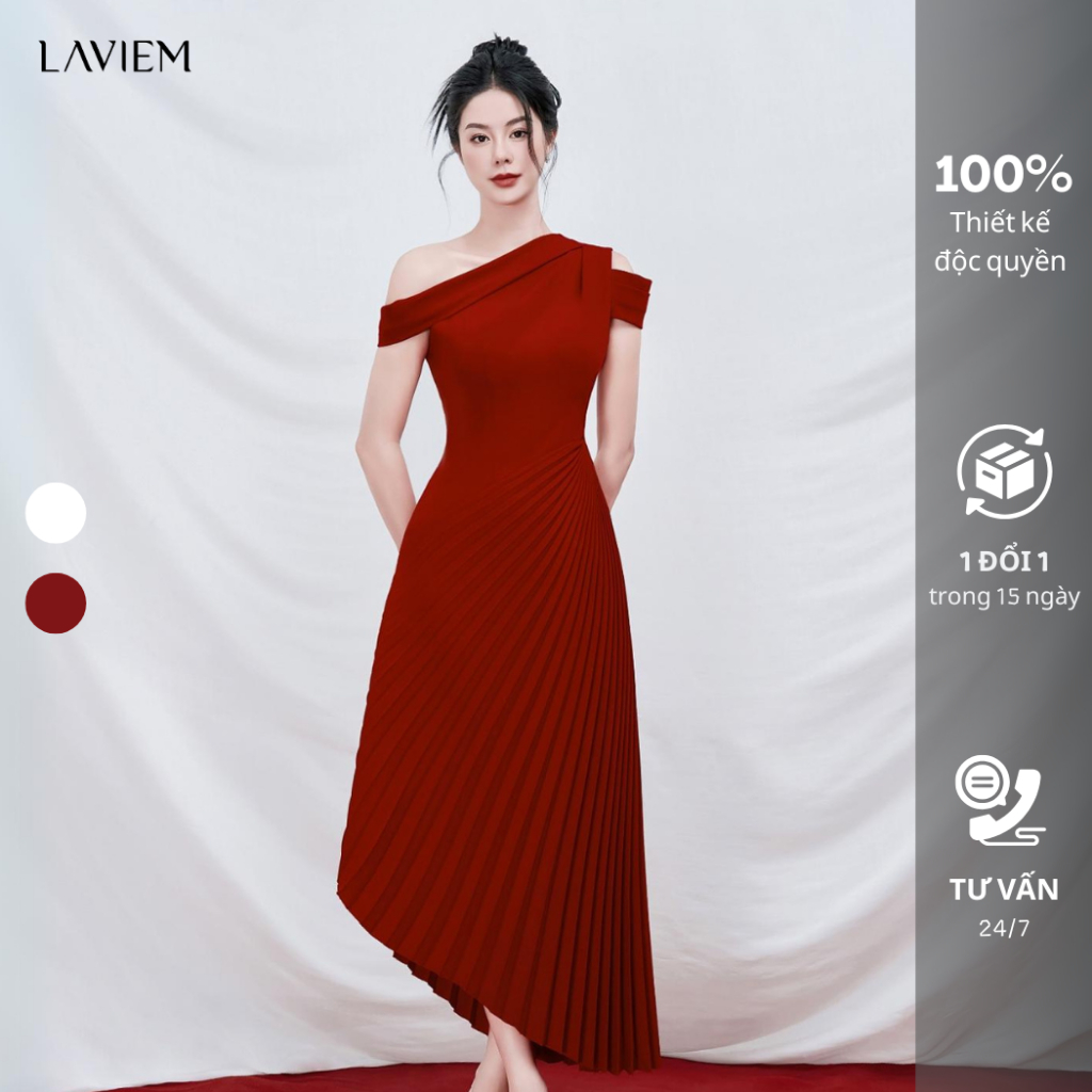 LAVIEM Váy thiết kế dáng dài lệch vai xếp ly trắng, đỏ Nelly