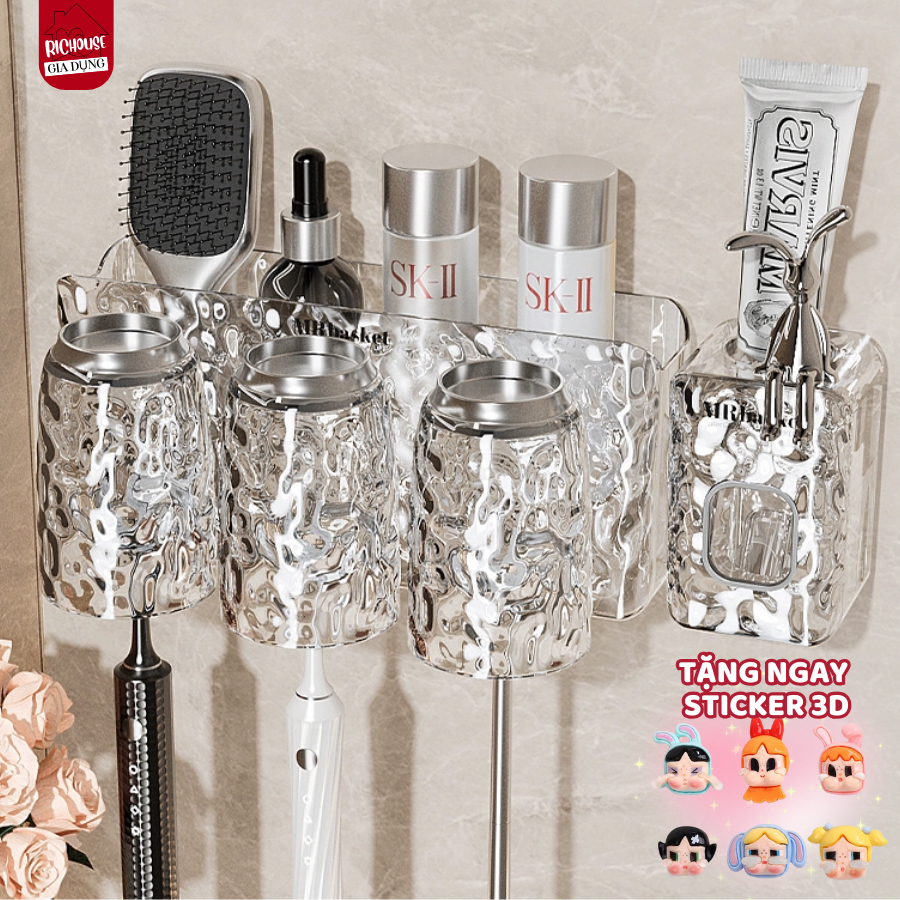 Bộ Nhả Kem Đánh Răng, Kệ Treo Bàn Chải Kèm Cốc TRONG SUỐT Chất Liệu Nhựa Cao Cấp Dán Tường Nhà Tắm