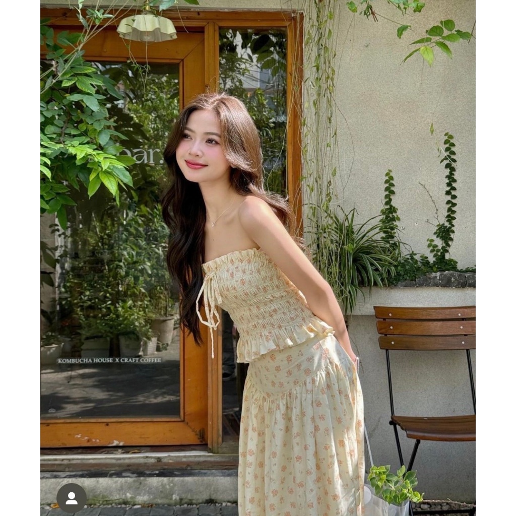 Set Váy Hoa Maxi Dáng Dài, Set Áo Ống Hoa Vàng Nhún Chỉ Bèo Lai Kèm Chân Váy Xòe SAN Clothings - P88
