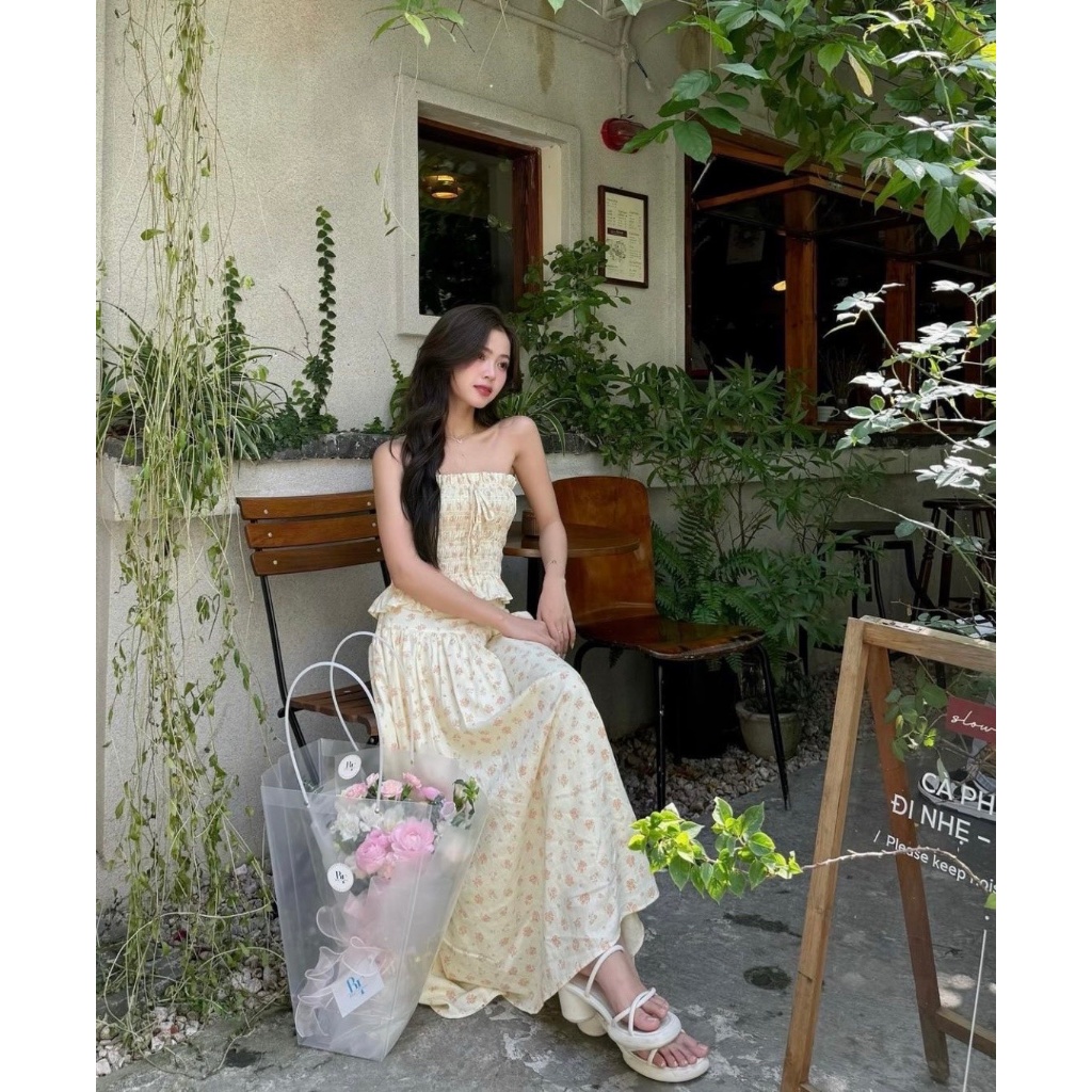 Set Váy Hoa Maxi Dáng Dài, Set Áo Ống Hoa Vàng Nhún Chỉ Bèo Lai Kèm Chân Váy Xòe SAN Clothings - P88
