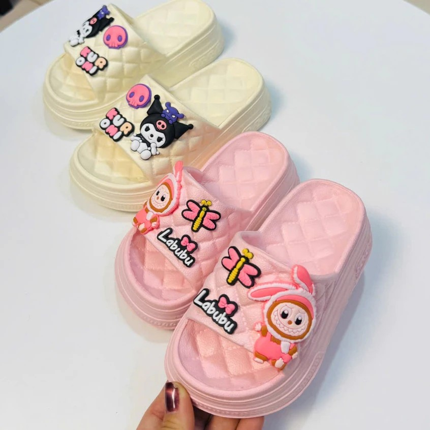 DÉP BÁNH MÌ CARO đế cao 4cm cho bé gái hình thỏ Labubu siêu nhẹ êm chân cho bé