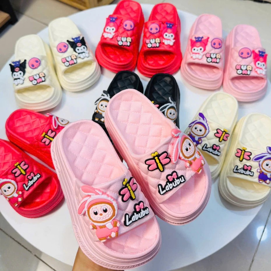 DÉP BÁNH MÌ CARO đế cao 4cm cho bé gái hình thỏ Labubu siêu nhẹ êm chân cho bé