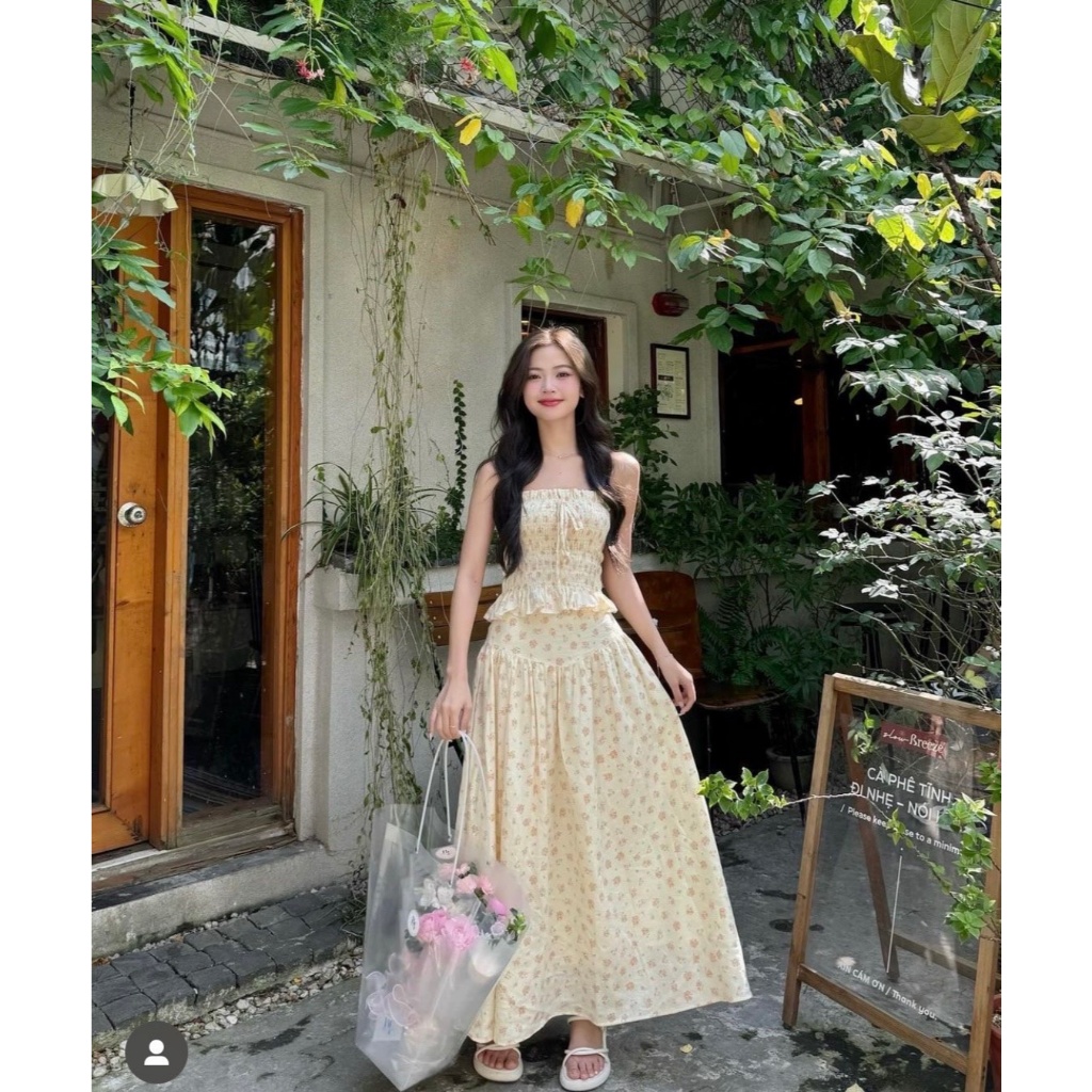 Set Váy Hoa Maxi Dáng Dài, Set Áo Ống Hoa Vàng Nhún Chỉ Bèo Lai Kèm Chân Váy Xòe SAN Clothings - P88